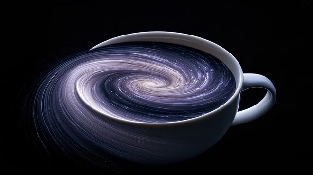 A white coffee cup filled with a swirling galaxy of stars and cosmic nebula represents the vastness of space contained within a simple beverage on a black background.