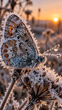 Frost Covered Butterfly on Frozen Flower at Sunrise Macro Photography