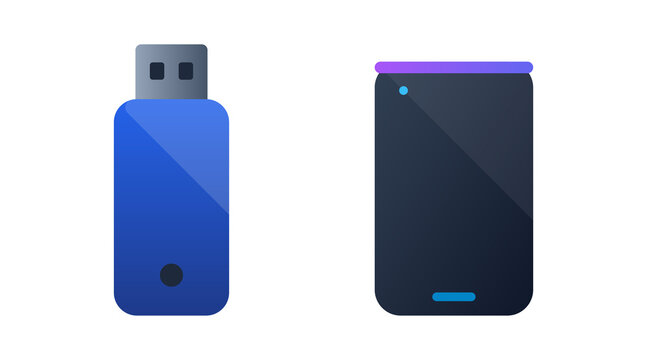 Blue USB flash drive and modern smart assistant speaker for data and home control.