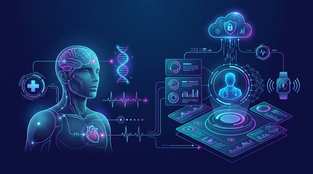 &ldquo;Futuristic AI-powered healthcare technology concept, featuring a sophisticated human medical avatar connected to an intelligent digital health ecosystem, glowing neural brain interface, DNA helix, he