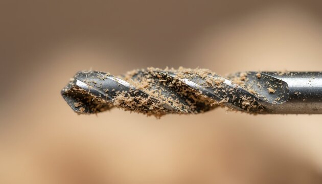 Black spiral drill bit covered in fine wood shavings against a blurred brown background