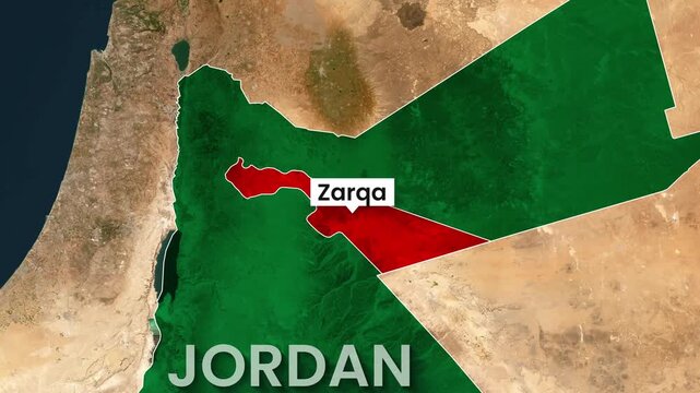 Jordan map showing Zarqa region highlighted in red motion footage