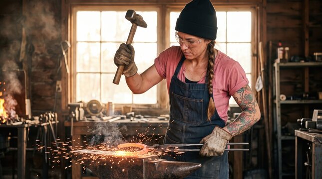 Blacksmith Shaping a Glowing Horseshoe With Hammer and Tongs