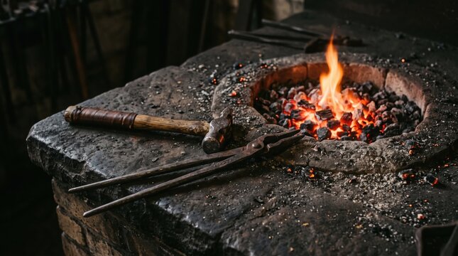 Blacksmith Tools Arranged Beside a Glowing Round Coal Forge