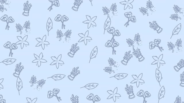 Seamless pattern with hand drawn flowers and leaves on a light blue background.