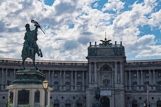 Vienna, Austria - August 23 2026: The Vienna Hofburg complex with the equestrian statue of Archduke Carl on the square called Heldpenplatz. Statue was created by Anton Fernkorn and revealed in 1860
