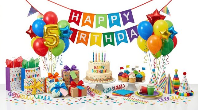 Colorful 5th birthday party celebration, festive birthday cake with balloons and gifts, vibrant fifth anniversary decorations on white background