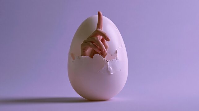 A human hand emerges from a cracked white egg with a finger raised in a silence gesture against a solid purple background. This surreal conceptual image symbolizes secrecy and hidden messages.