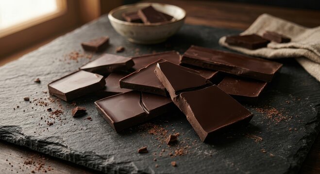 Rich Dark Chocolate Pieces Arranged on a Rustic Slate Surface with a Bowl of Cocoa