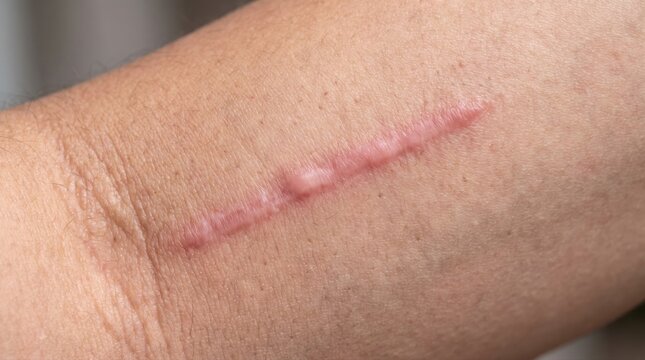 Close-up of a keloid scar on human skin. Medical concept illustrating skin healing, dermatology, and the appearance of scar tissue.
