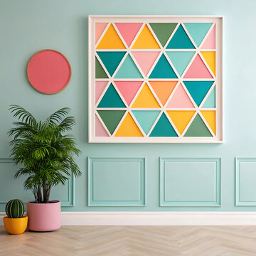 Colorful geometric triangle wall art in modern living room. Vibrant framed abstract poster mockup with plants and pastel wall for home decor design