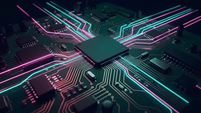 Futuristic central processing unit with glowing neon data pathways