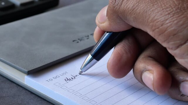Close-up hand writing to do list in notepad, marking checkbox for task completion, motion footage captures planning budget and action plan for business projects