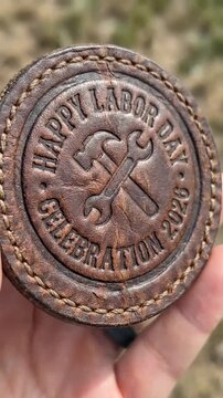 Handheld Leather Patch Featuring Embossed Hammer And Wrench Symbol