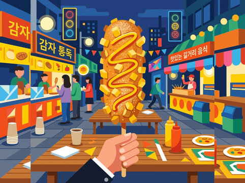 Hand holding a Korean potato corn dog with mustard drizzle.