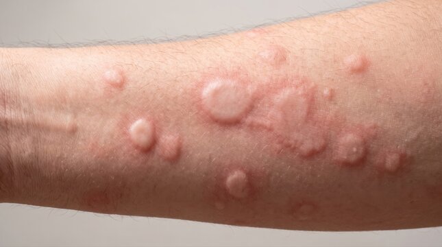 Close-up of a person's arm with hives and skin rash. Medical concept illustrating allergic reactions, dermatological conditions, and skin health issues for healthcare and wellness content.