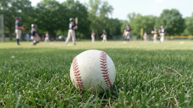 Close-up of a baseball on green grass with young players practicing in the background on a sunny day.