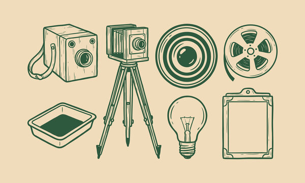 Vintage darkroom photography equipment vector set featuring classic camera tripod film reel light bulb and tray