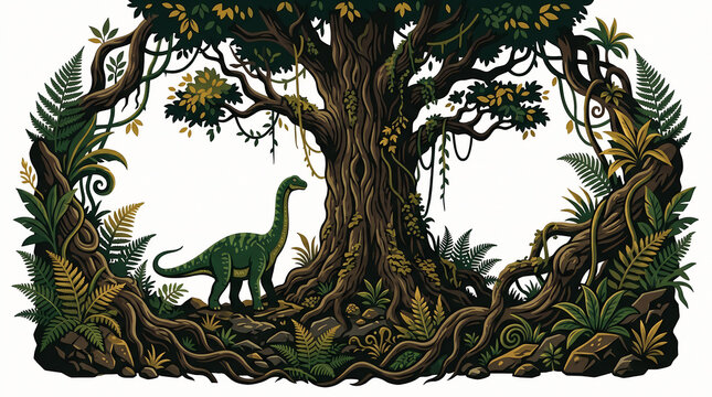 A brachiosaurus dinosaur standing in a lush green prehistoric jungle forest