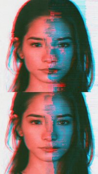 Young woman portrait with digital glitch effect and chromatic aberration split showing a dual facial distortion in a modern artistic style.