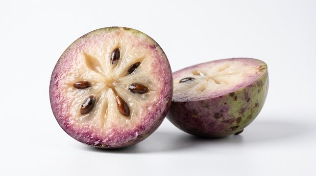 Two halves of a ripe star apple revealing its translucent cream flesh, star-shaped sections and glossy dark seeds beneath smooth purple-green skin. Isolated on White background.