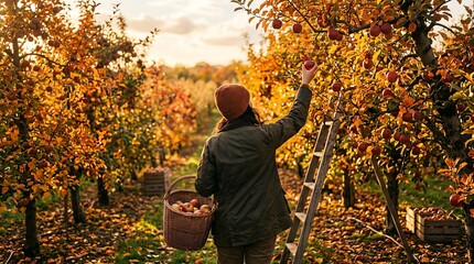 Fototapeta premium Woman Harvesting Apples in an Autumn Orchard with a Basket and Ladder