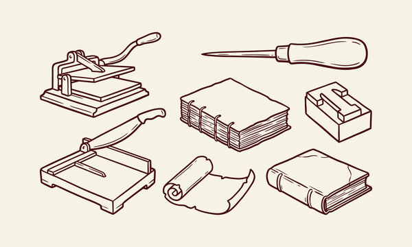 Vintage bookbinding craft tools and workshop equipment vector illustration set featuring paper cutter press awl books