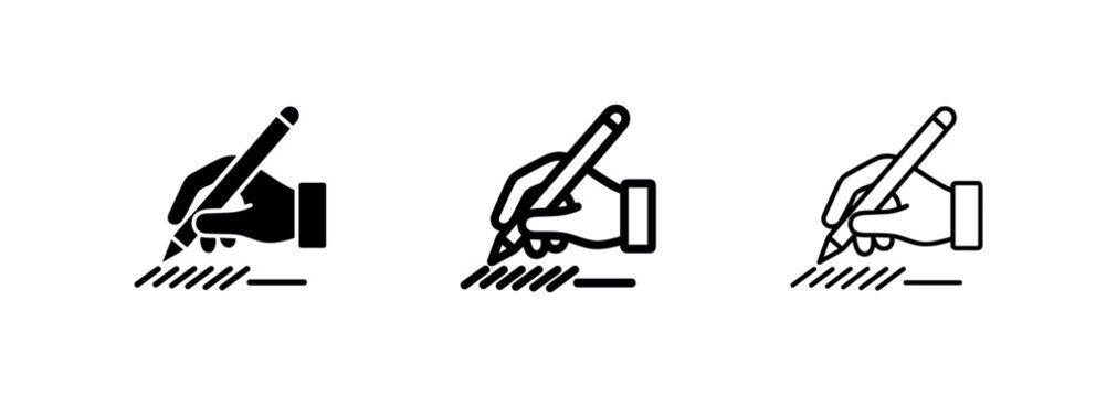Hand Writing or Signing with Pen Icon Set in Solid, Outline and Thin Line Styles