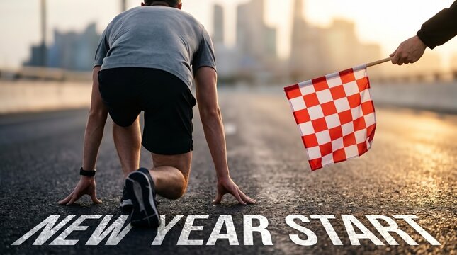 Athlete on starting line with New Year Start text on road and checkered flag, perfect for motivation campaign, sports resolution banner, corporate fresh start ad and goal achievement promo.