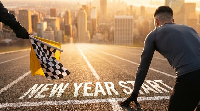 Athletic man in start position on asphalt road marked new year start with checkered flag and sunset city background, ideal concept for business leadership, sports motivation and new campaign.