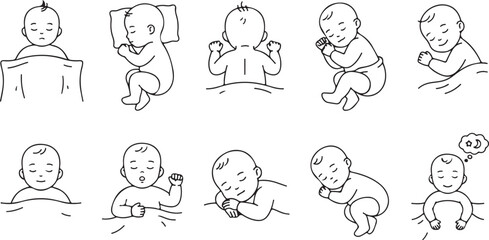 Fototapeta premium Peaceful sleeping babies in different comfortable positions on soft bedding.