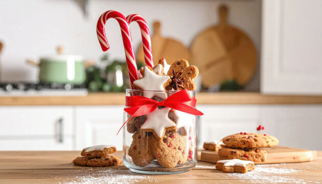 Christmas cookie jar with candy cane, gingerbread cookie, and red ribbon, creating festive holiday display on kitchen counter