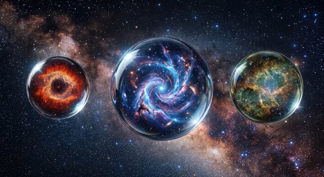 Three swirling galaxies contained within clear glass spheres against a starry universe backdrop