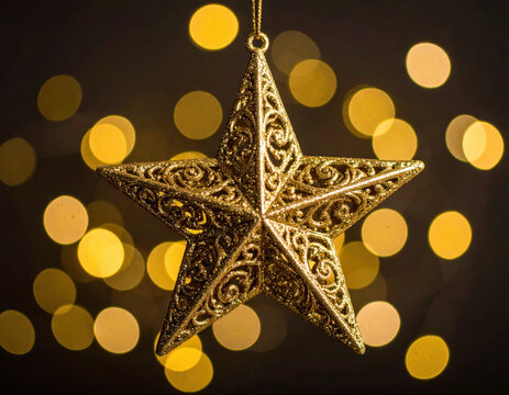 Ornate golden star ornament with embossed filigree hanging against warm glowing bokeh lights, creating festive holiday atmosphere and elegant decorative background