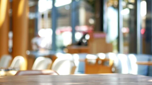 Blurred interior of modern cafe with empty wooden table in foreground and sunlight filtering through windows