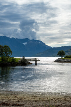 Recreation area at  Naustdal, along the Norwegian fjord, a cloudy summer day