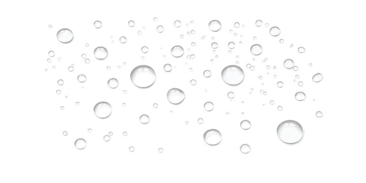 Scattered transparent water droplets on white background with water beads rain drops liquid spheres clear texture moisture background pure droplet pattern wet surface