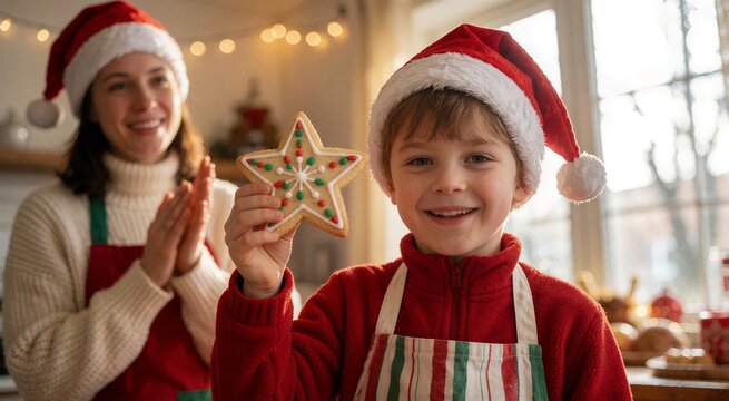 Baking Christmas cookies together: A joyful moment featuring a young boy proudly displaying a decorated star cookie while a woman watches happily.