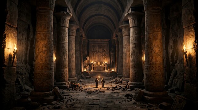Ancient stone temple interior with tall pillars illuminated by warm glowing candles and mystical fire light