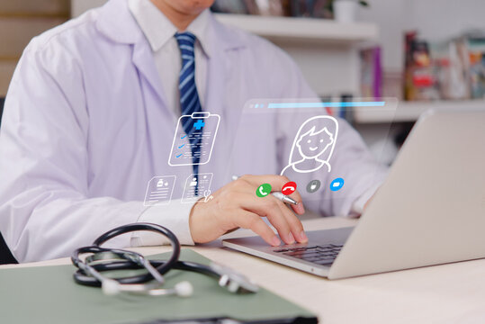 Telemedicine consultation interface with healthcare professional using laptop for remote patient communication and digital health workflow