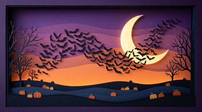 Halloween paper cut art with bats flying past crescent moon and pumpkins at night