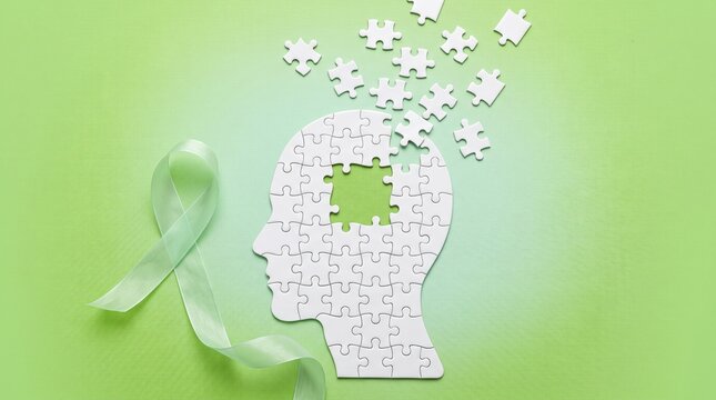 Mental health awareness concept, white jigsaw puzzle brain profile on green background, alzheimer and dementia support ribbon