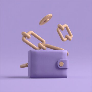 3D plasticine clay illustration of blockchain technology and crypto wallet concept with clay chain links on lavender, generative AI
