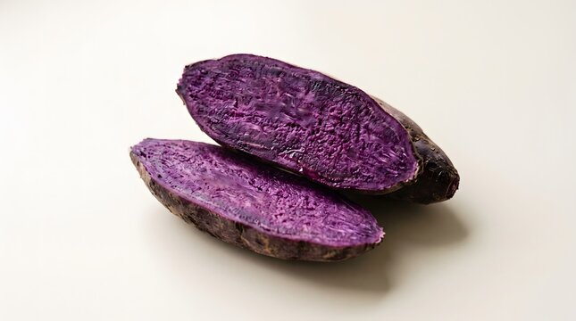Fresh raw purple sweet potato cut in half lengthwise revealing its vibrant violet flesh and dark skin on a clean surface.