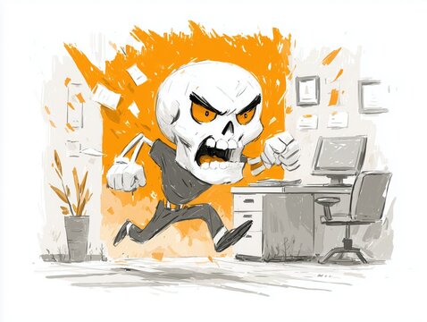 Angry office worker as a skeleton, burnt out office worker angry at work, anger at work.. High quality