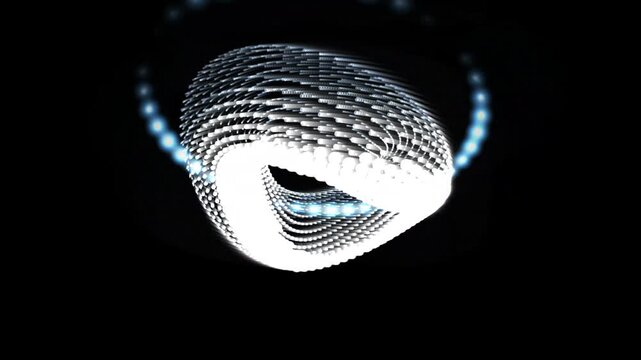 Glowing white particle mobius loop with a blue digital ring rotating over a dark background