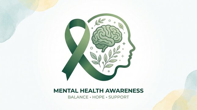 Mental health awareness concept with green ribbon and human brain. Balance hope support illustration. Psychology and wellness graphic.