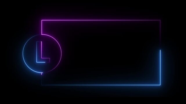 Colorful glowing neon L text icon animation. Square rectangle picture frame with one tone neon color motion graphic on isolated black a background. neon text L, icon, 4k video black background.4k