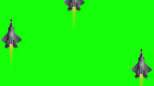 Military fighter jets flying in formation over green screen background for video production.
