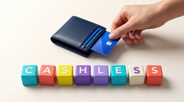 Human hand inserting blue plastic credit card into dark navy leather wallet positioned near colorful block cubes spelling out the word cashless in bright studio lighting on white background surface